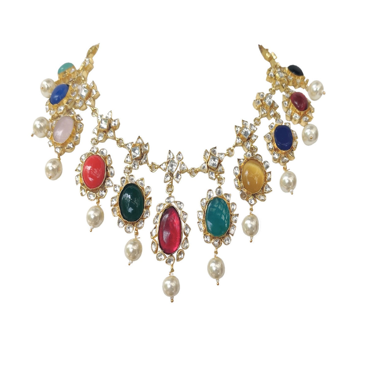 NAVRATNA CHOKER SET WITH WHITE PEARL