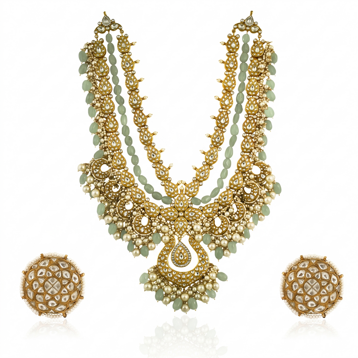 White Jadtar Stone Heavy Long Neacklace Set With Pastel Pink Baeds And Pearl