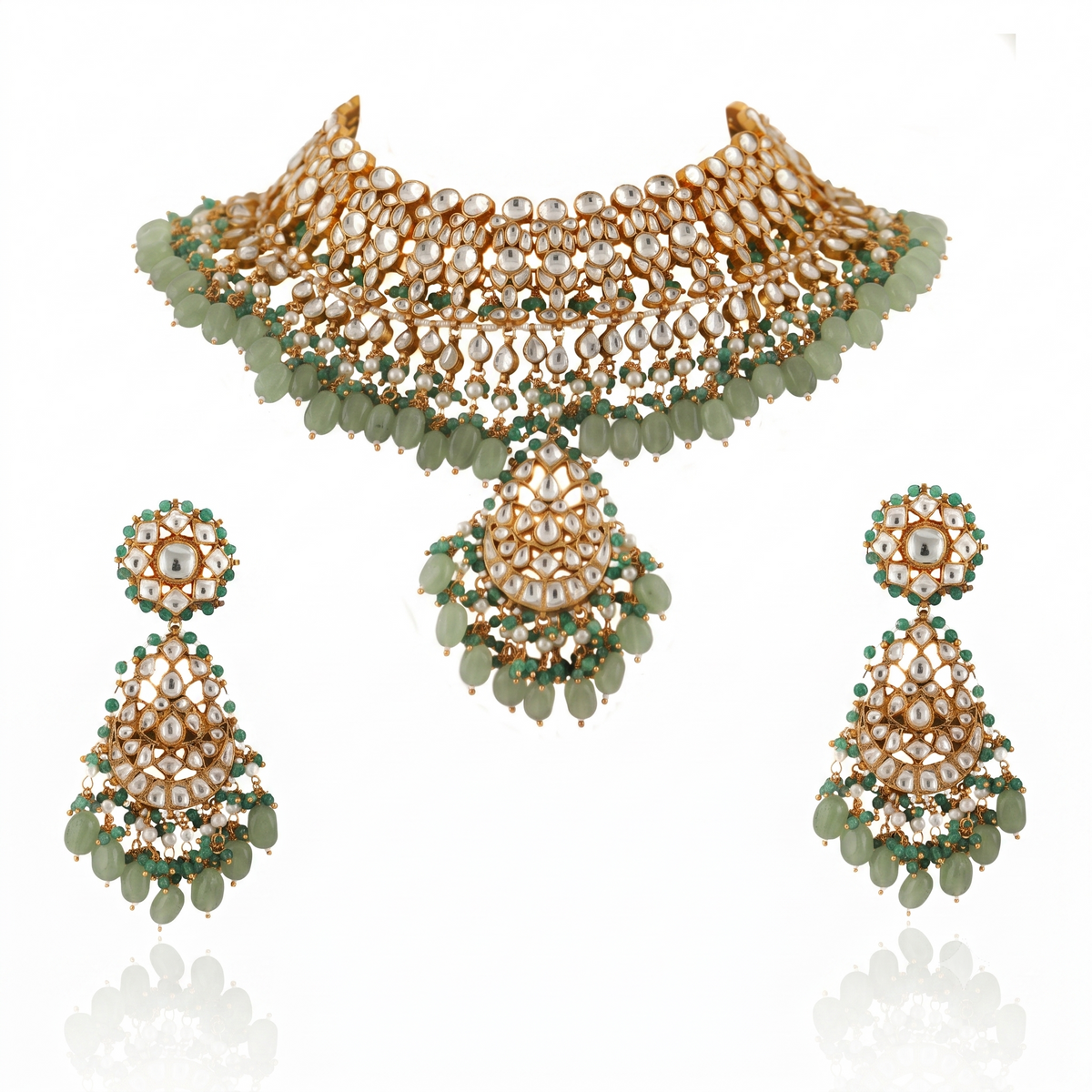 White Jadtar Stone With Pastel Pink & Green Heavy Bridal Necklace Set