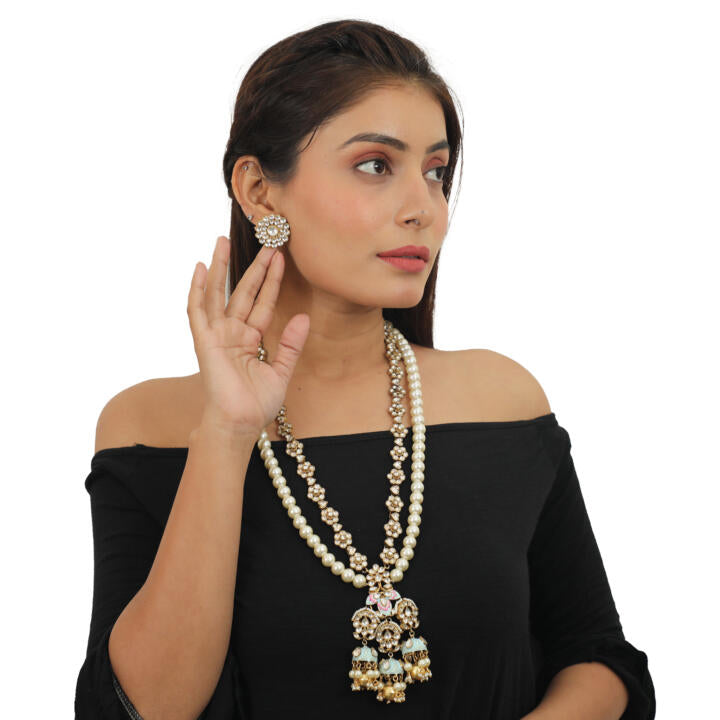 Firozi Meenakari Pendant White Pearl Line Long Necklace With Studs