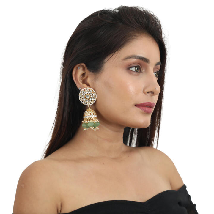 White Stone And Sea Green Beads Bridal Necklace With Jhumki