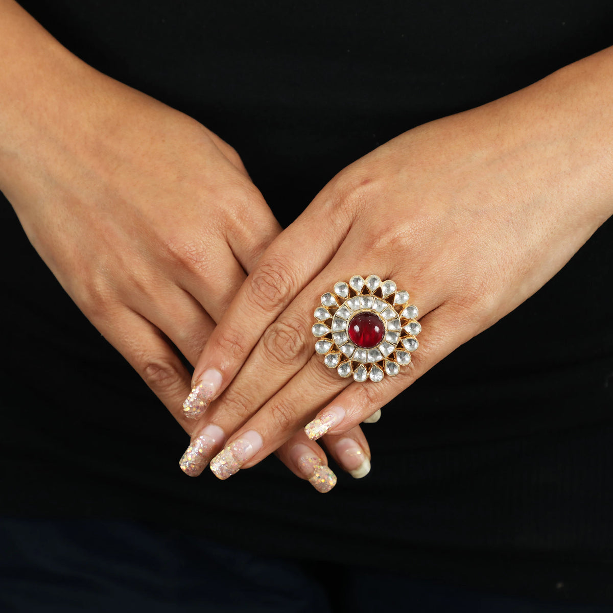 White Jadtar Ring With Pink Center