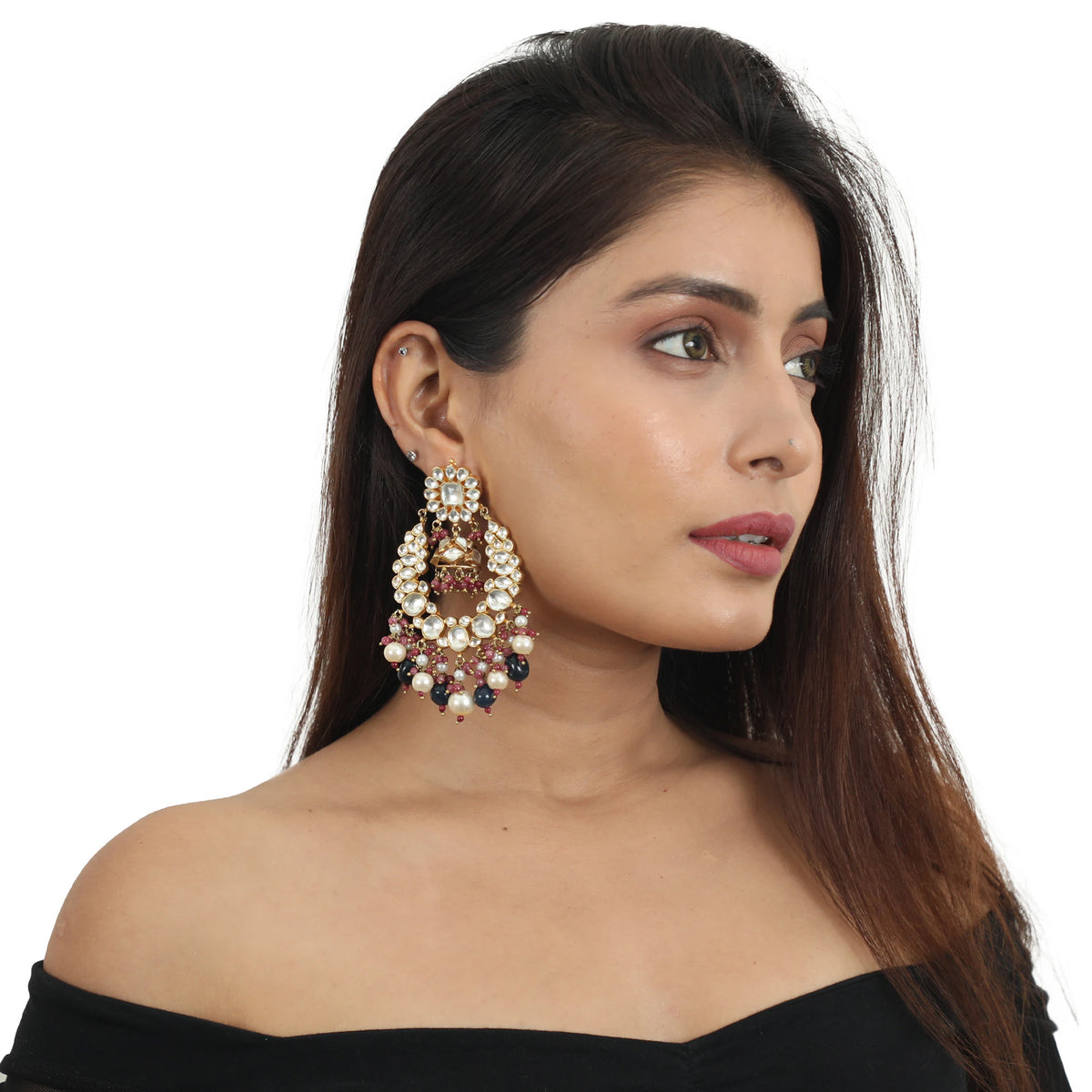 White Stone Earring Beadded Blue Beads And White Pearls With Light Pink Hangings