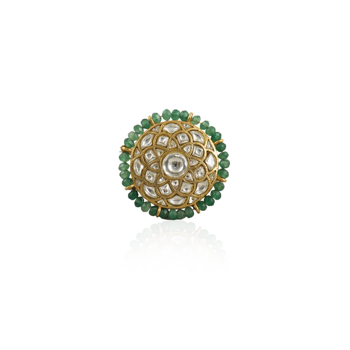 White Stone Round Ring With Sea Green Small Beads Line