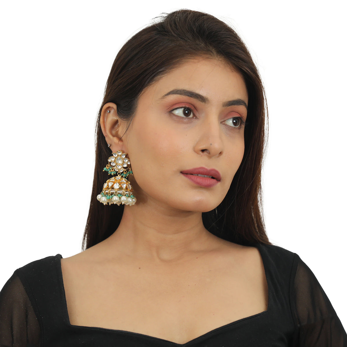 White Stone Neckalce With Jhumki Sea Green Hangings And Pearl