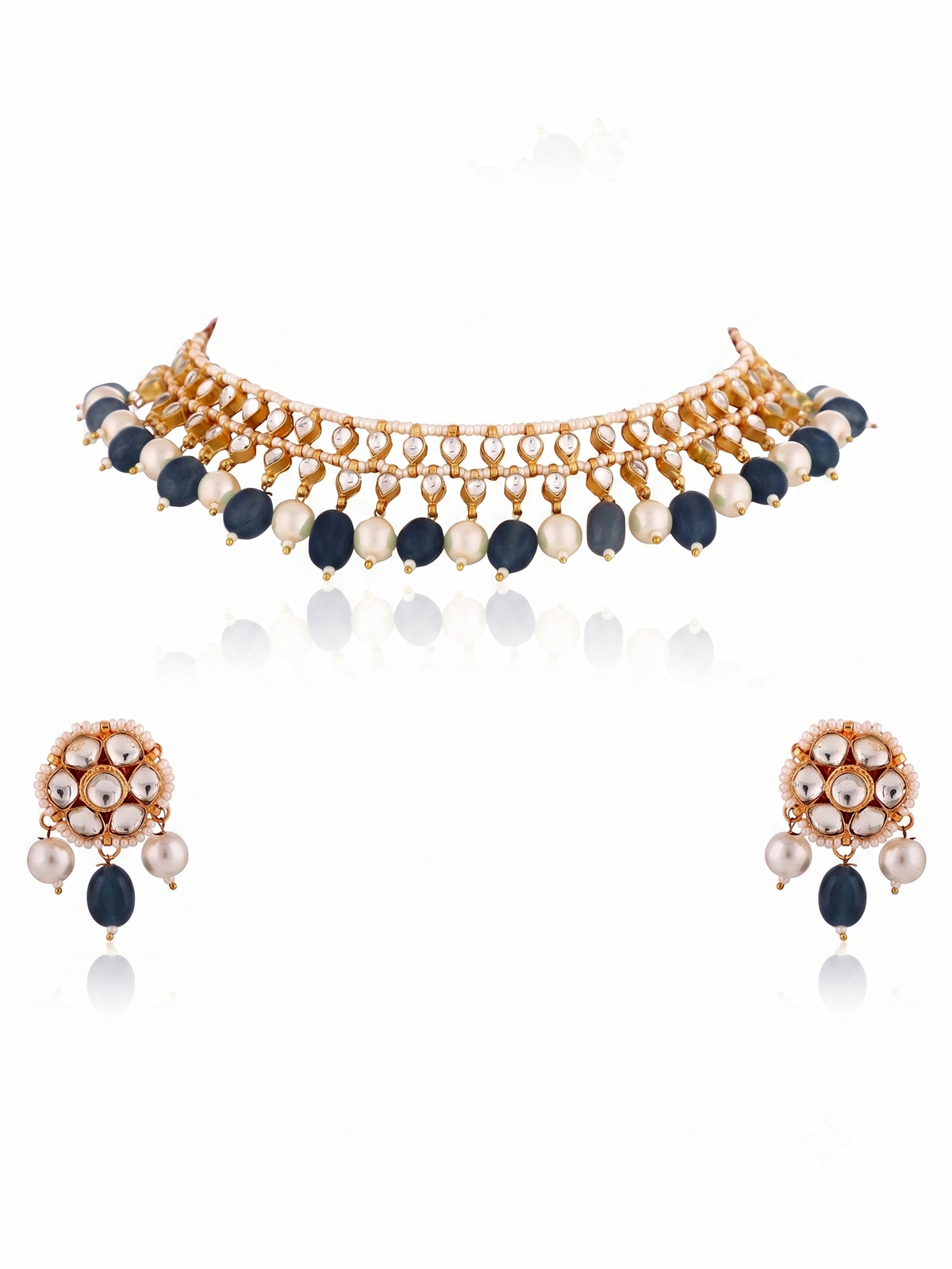 Indian Traditional Wear Sea Green Beads With White Pearl Choker Set