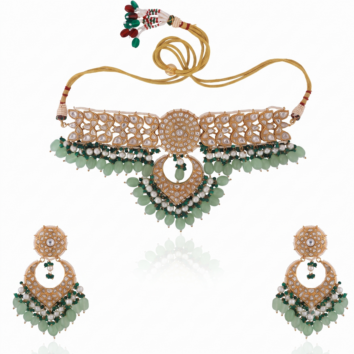 2026 Indian Wedding Wear Sea Green Beads With White Jadtar Stone Necklace Set
