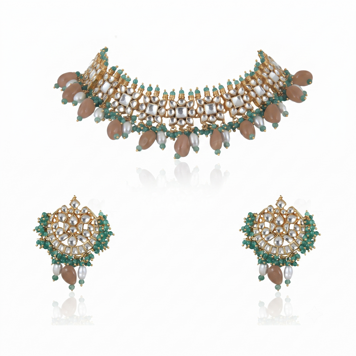 Square Shape White Jadtar Stone With Beads Necklace Set
