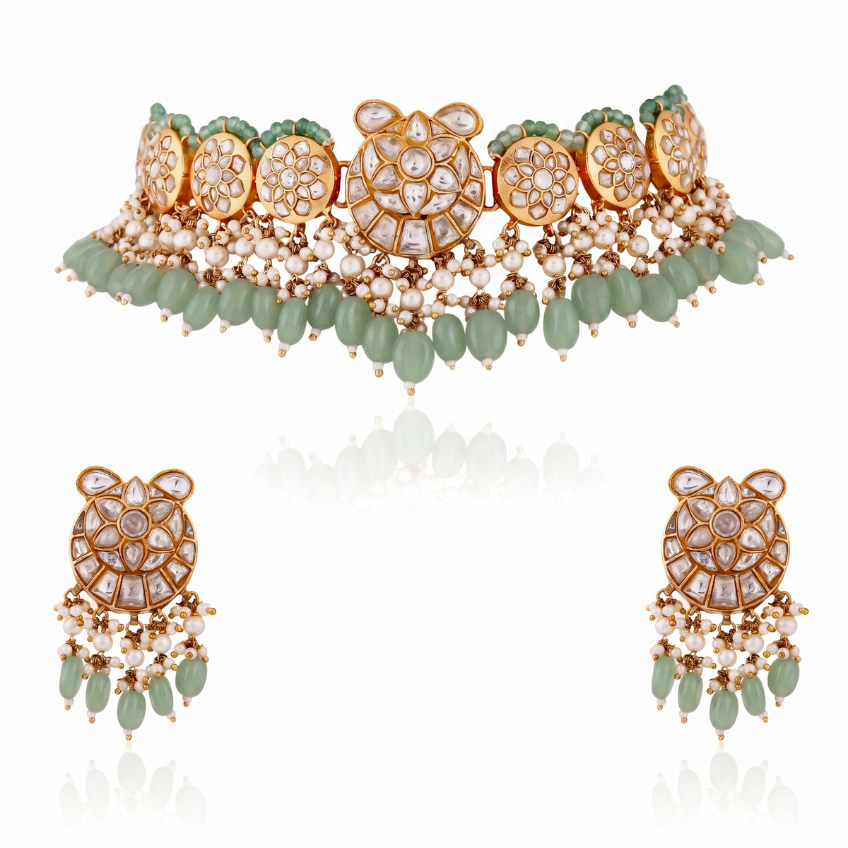 Fushion gold plated jadau necklace set with intricate design in pastel beads