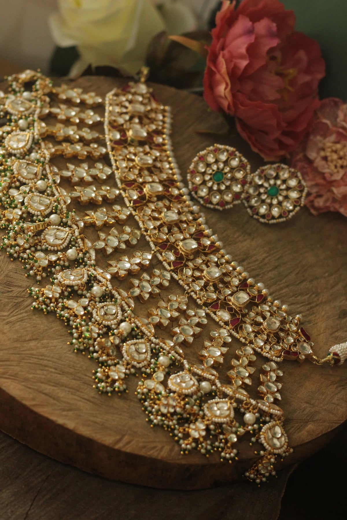 22 kt gold plated pink green heavy bridal necklace set With studs