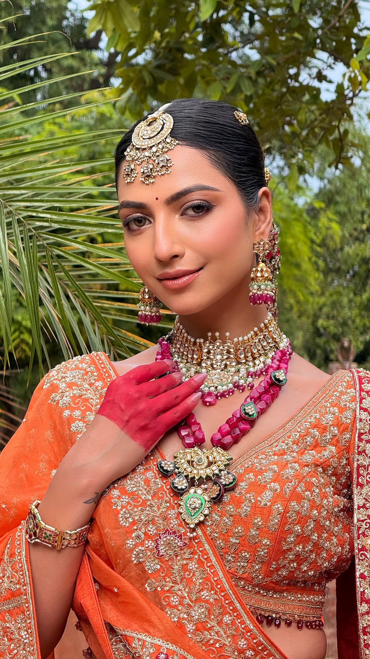 Choker Necklace Set With Jhumkis In Fresh Emerald Beads