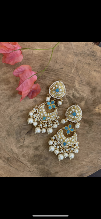 White And Firozi Earrings With Pearls