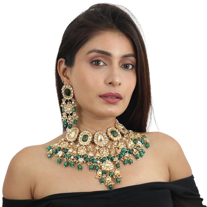 Big White And Green Stone With Light Green Beads Heavy Bridal Set