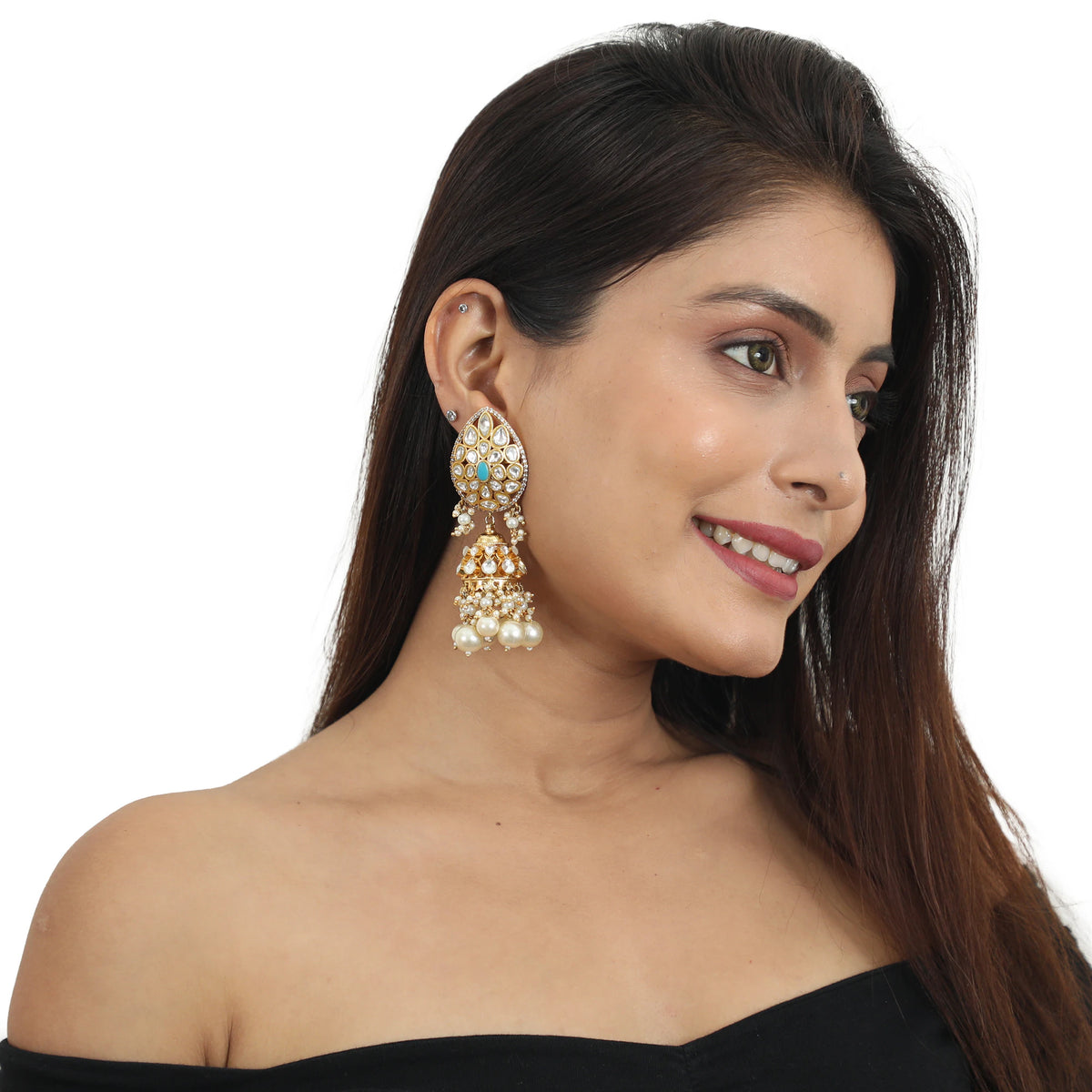 Long Pendant Necklace Set Studded With White And Blue Jadtar Stones