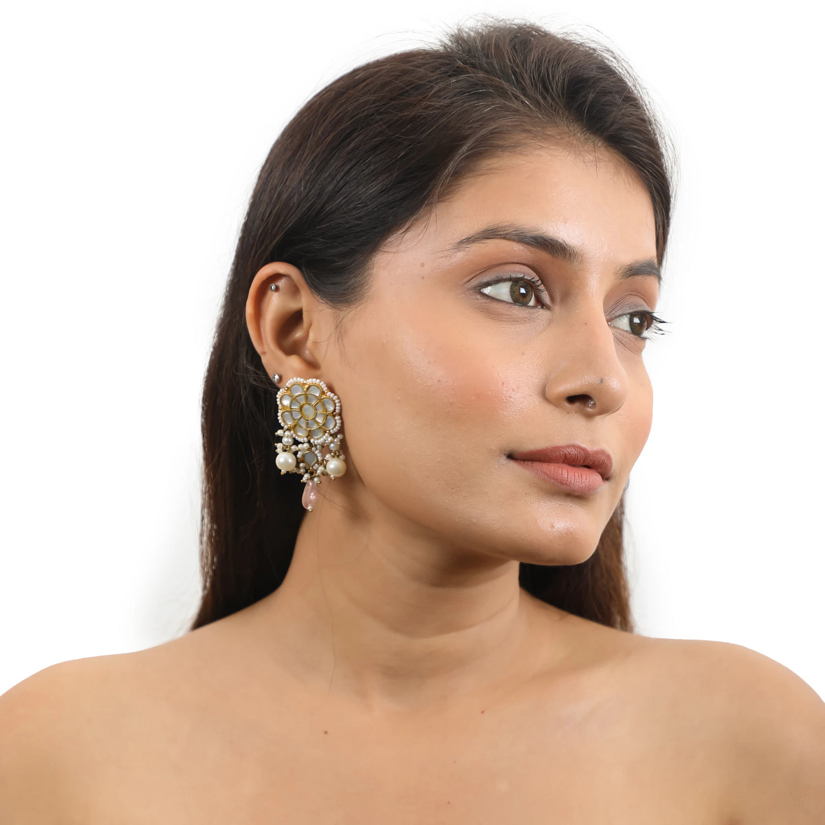 An Intricate Design Of Choker Necklace Studded With Mother Of Pearl Stones And Beaded With Pastel Pink Beads