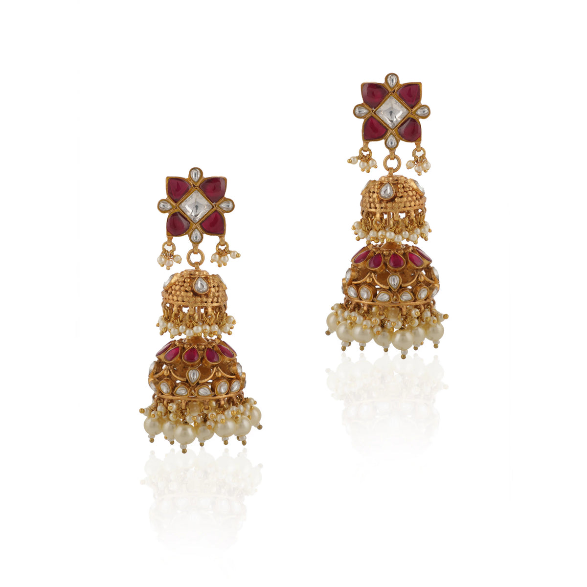 Indian Traditional Wear Bridal Pink And White Jadtar Necklace Set With White Pearl
