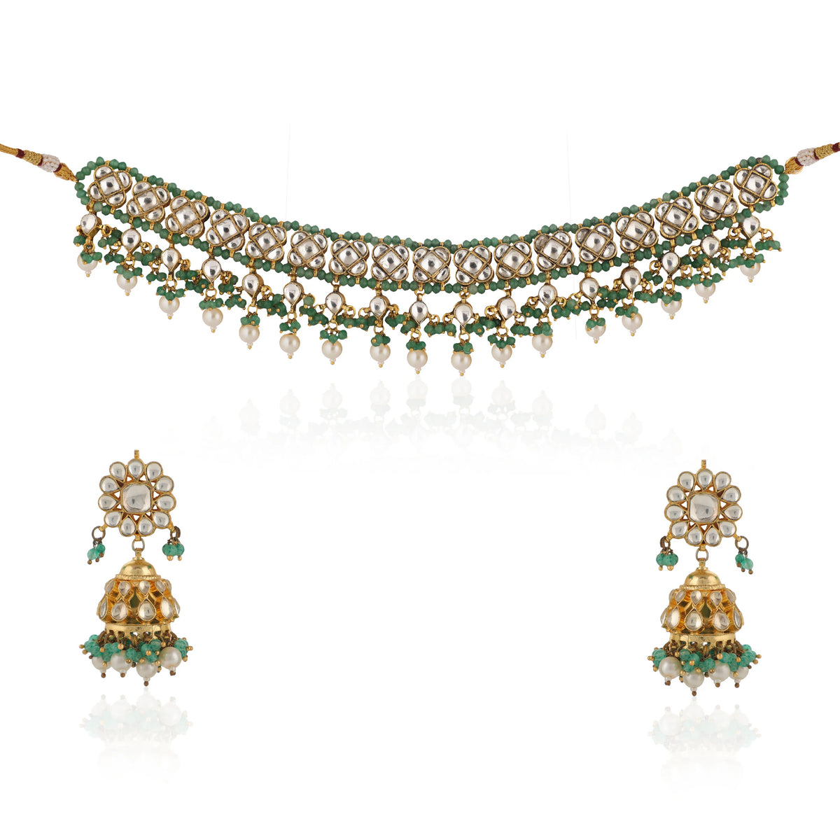Sea Green And White Jadtar Stone Wedding Wear Choker Set