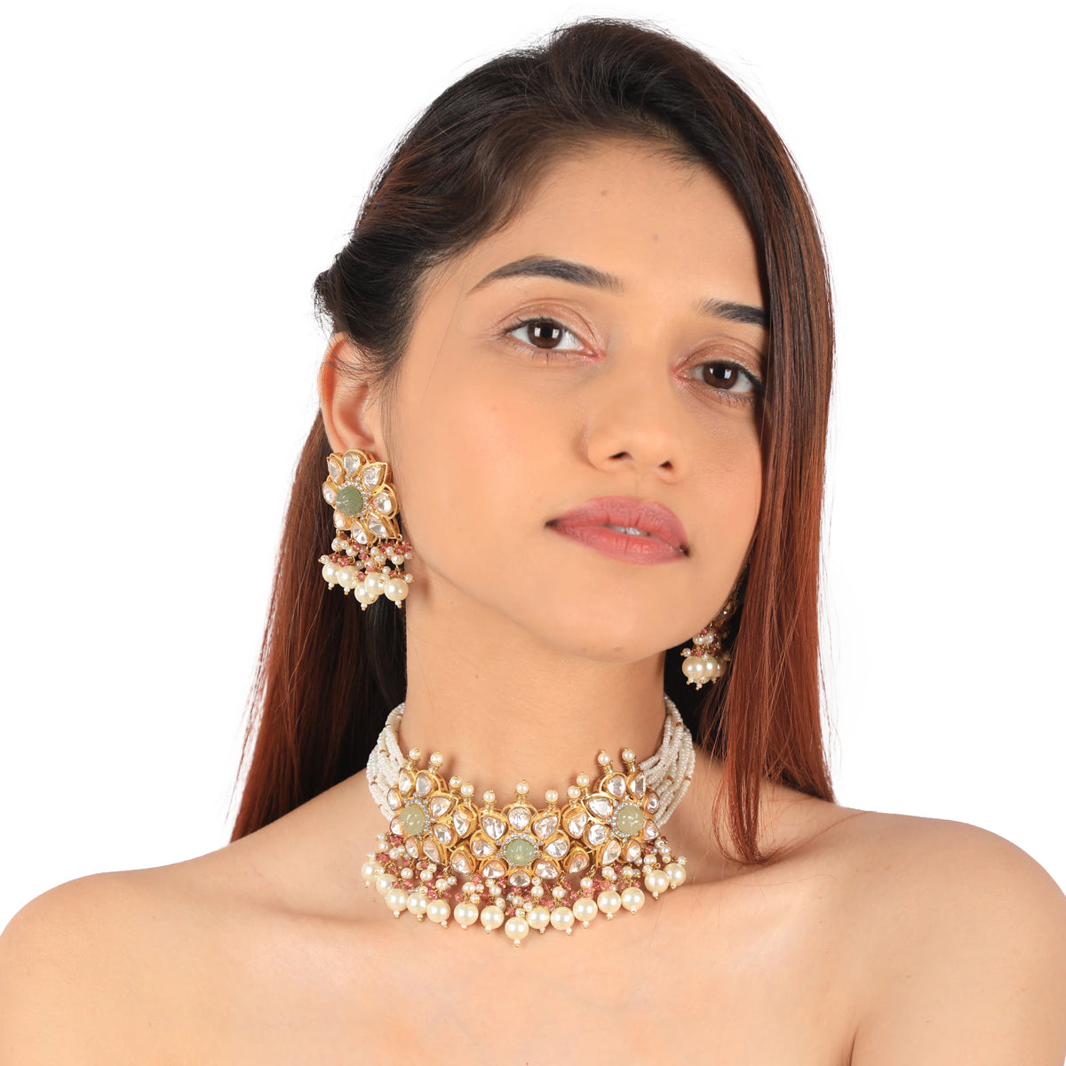 Royal Elegant Silver Choker Necklace Handcrafted With 22Kt Gold Plating In Mozanite Stones And Pastel Beads