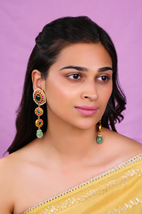 Long oval shape earings with emerald and ruby stones and beads