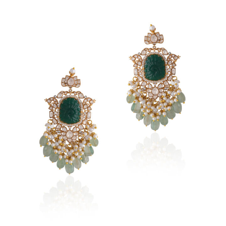 Green Peacock Embelished jadau Long Necklace set with handcrafted emerald stone work