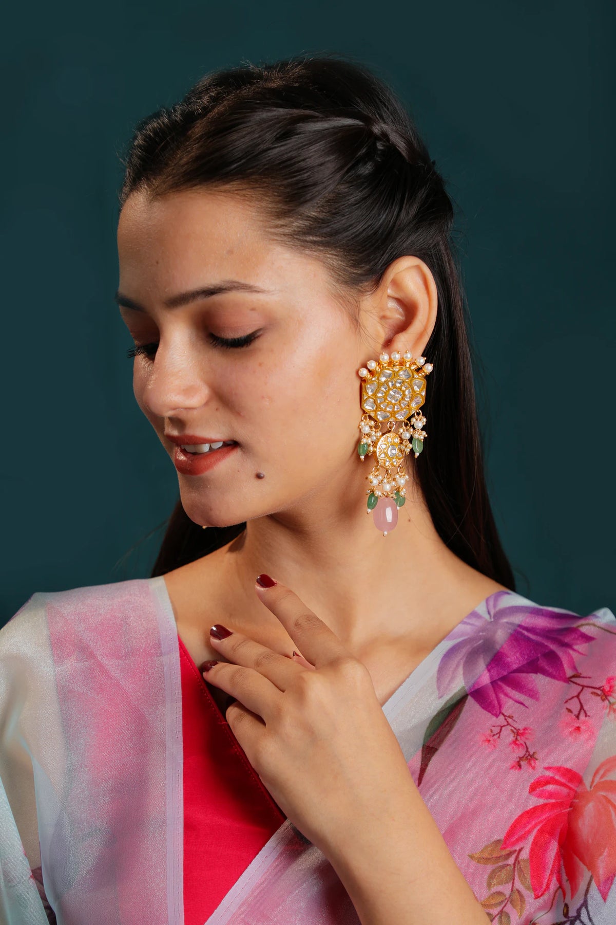 indian traditional wear light pink and sea green beaded jadtar Necklace set