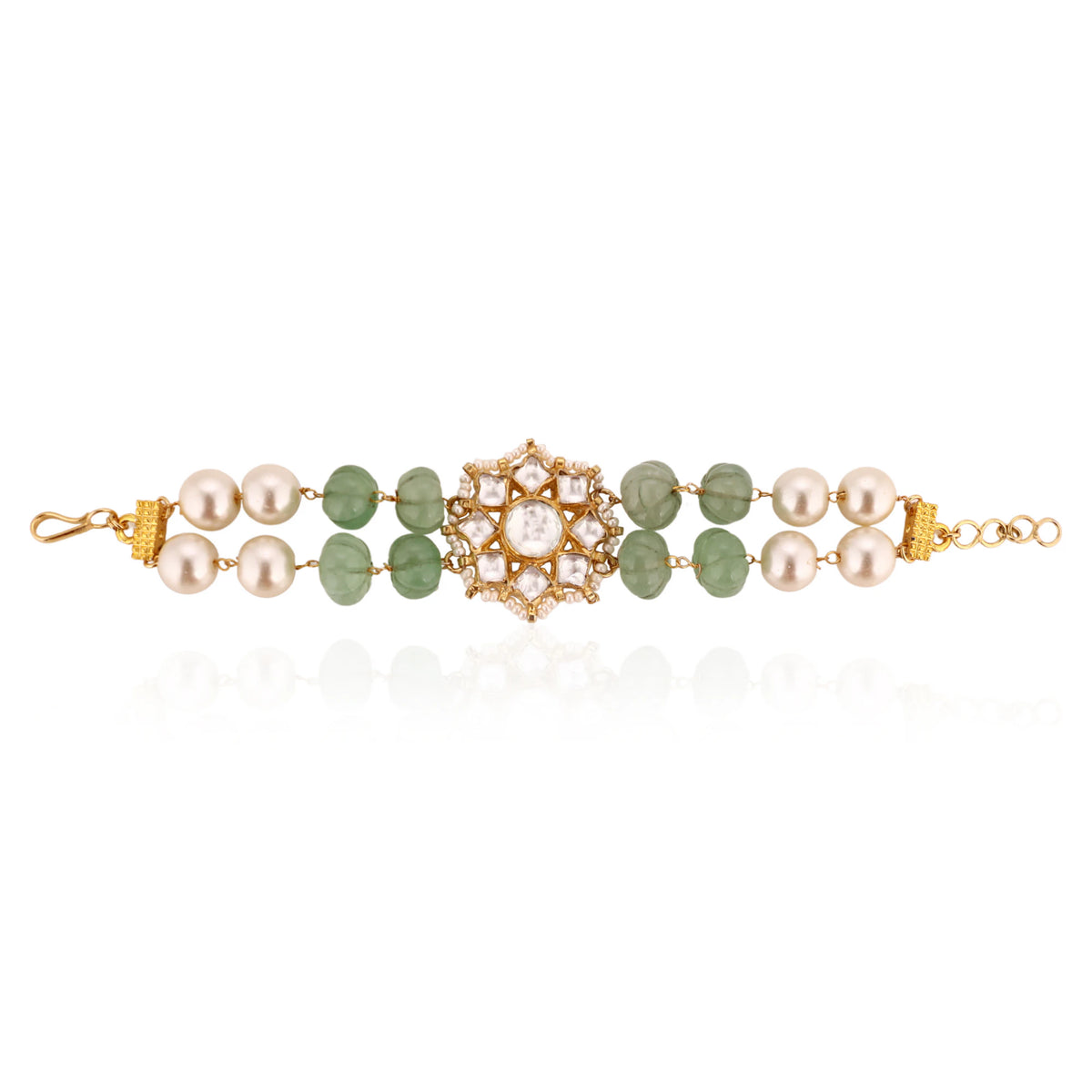 22Kt Gold Plated Jadtar Stone With Sea Green Beads And Pearl Bracelet