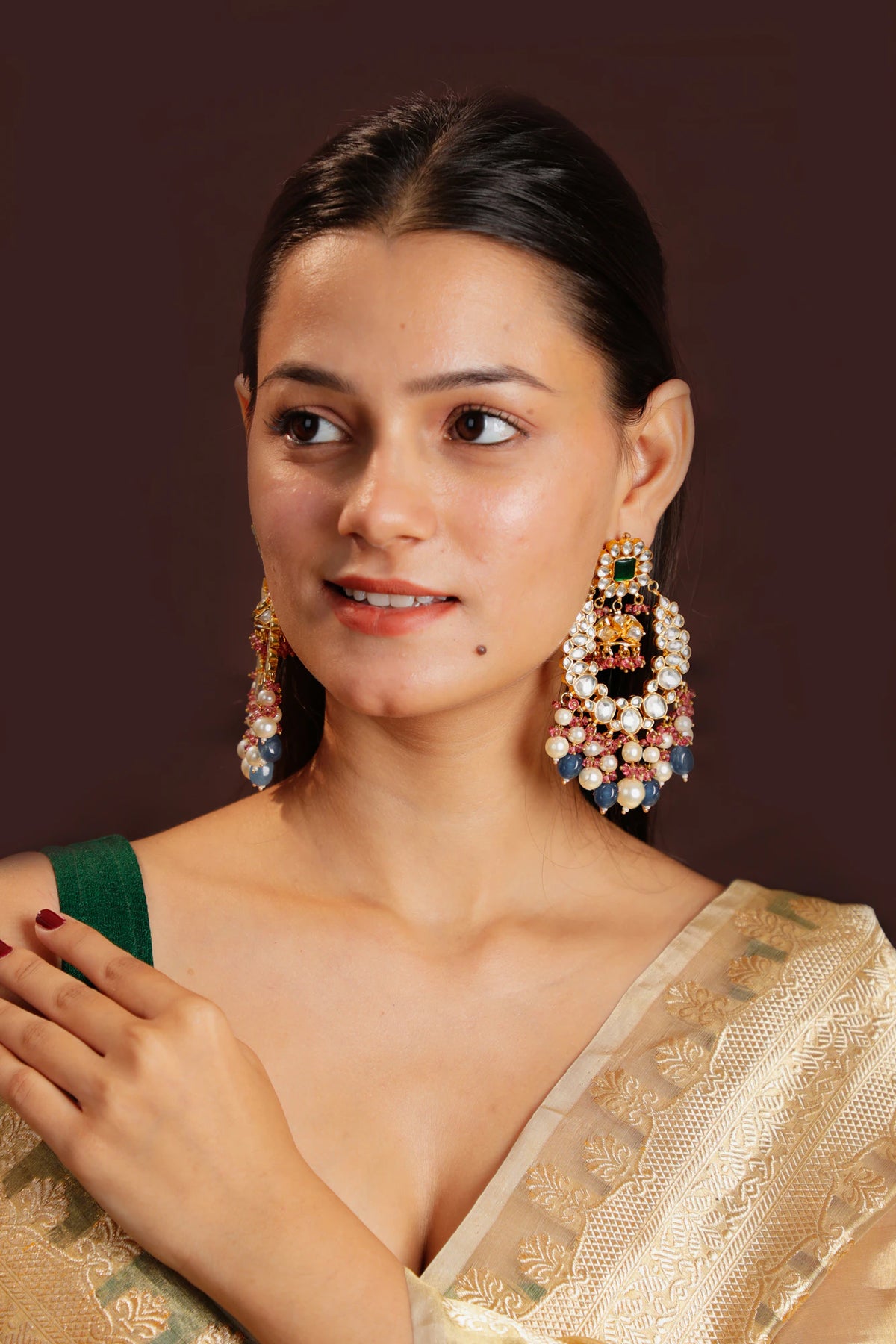 White And Green Stone Earring Beadded Blue Beads And White Pearsl With Light Pink Hangings