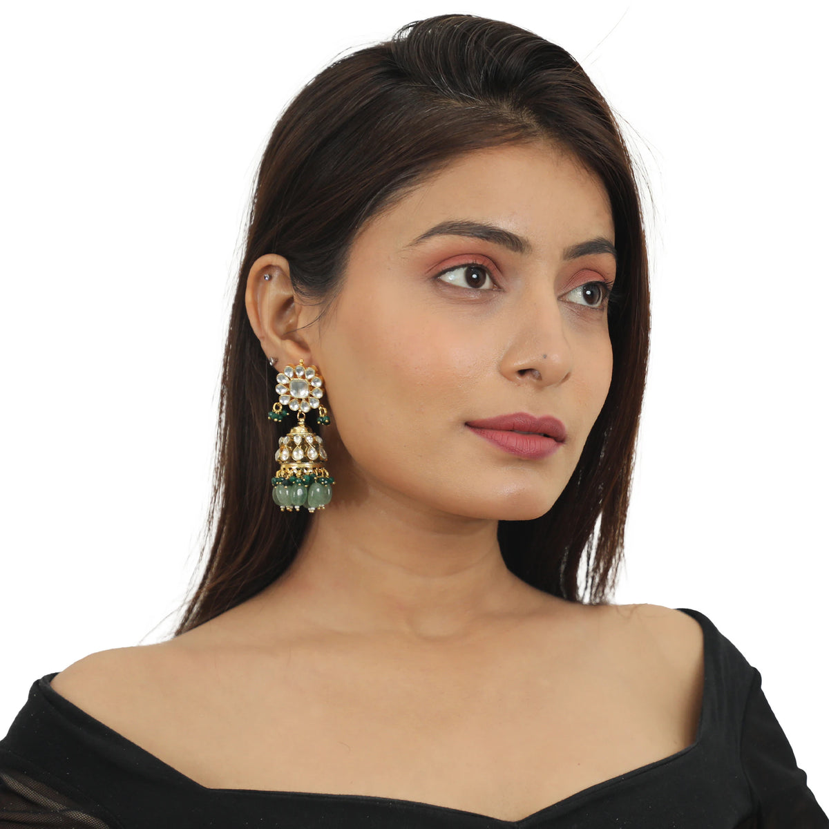 Sea Green And Dark Green Beads White Small Jhumki