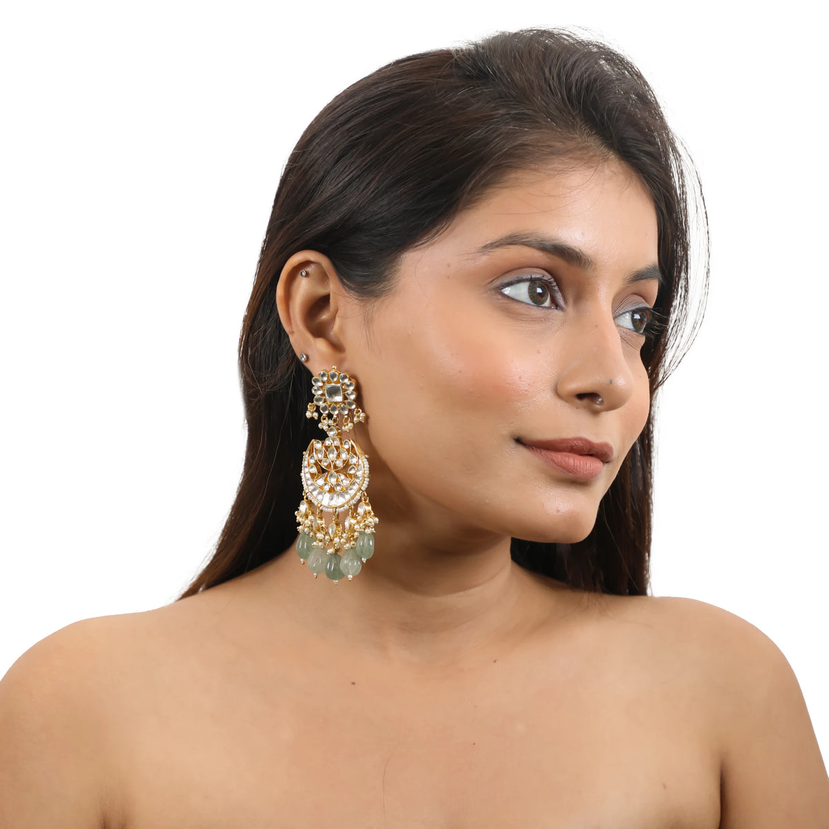 Chandbaali Earrings With White Jadtar Stones And Mint Green Drops