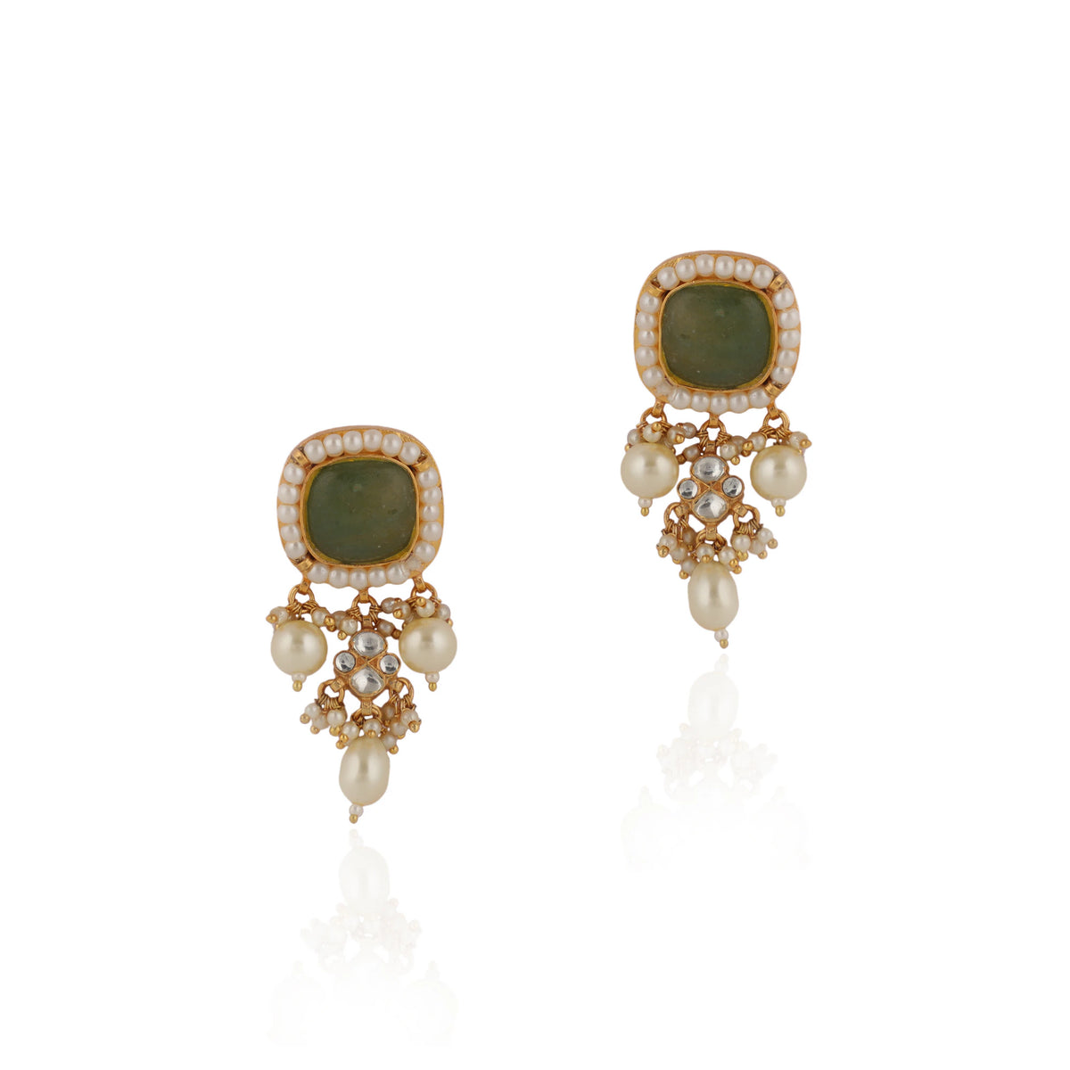 Mehndi Green Emerald Stone With White Pearl Stud Earring