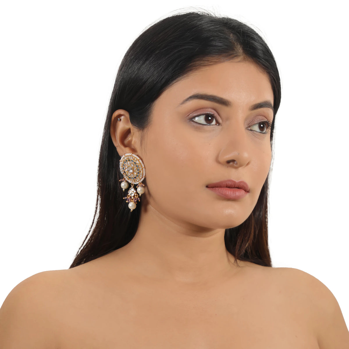Blue & White Jadtar Stone With Pearl Stud Earrings