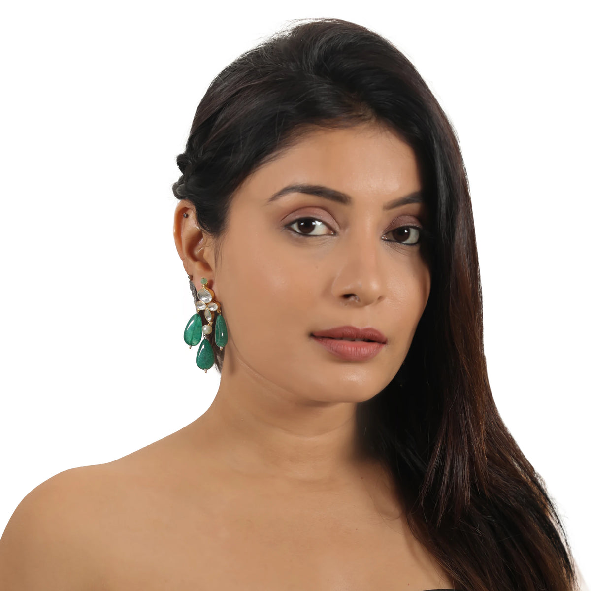 White Jadtar Earrings With Green Drops