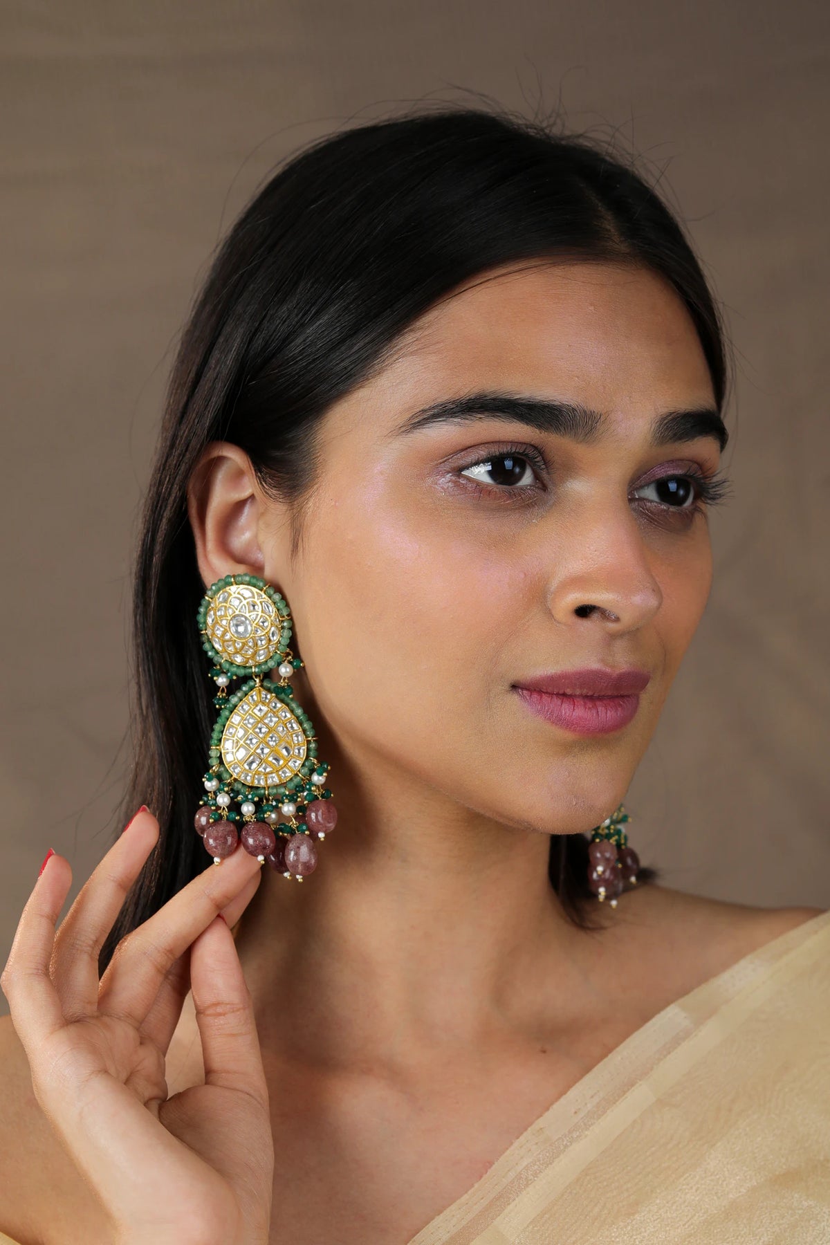 Pastel sea green beads indian jadau earrings