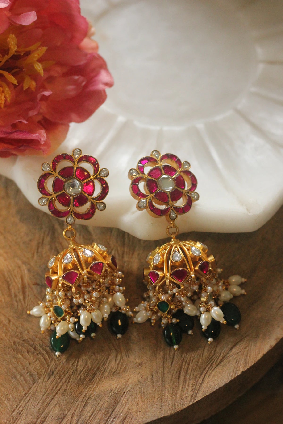 Riana Pink stone with green beadsTraditionl Wear Jhumka