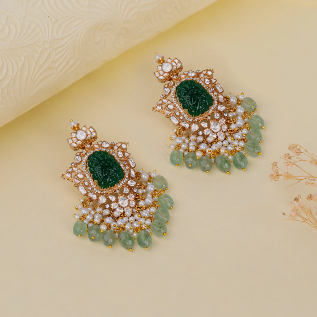 Green emerald stone Moissanite Earrings with sea green beads