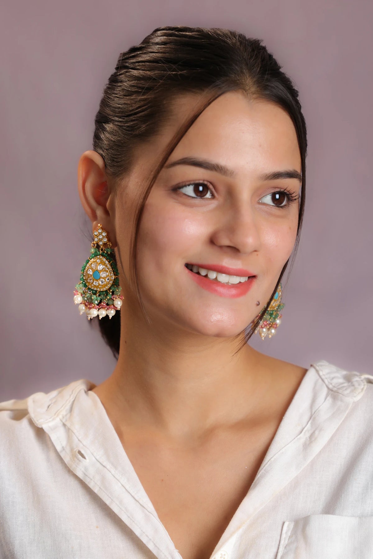 White pearl Earrings with pink sea green hangings