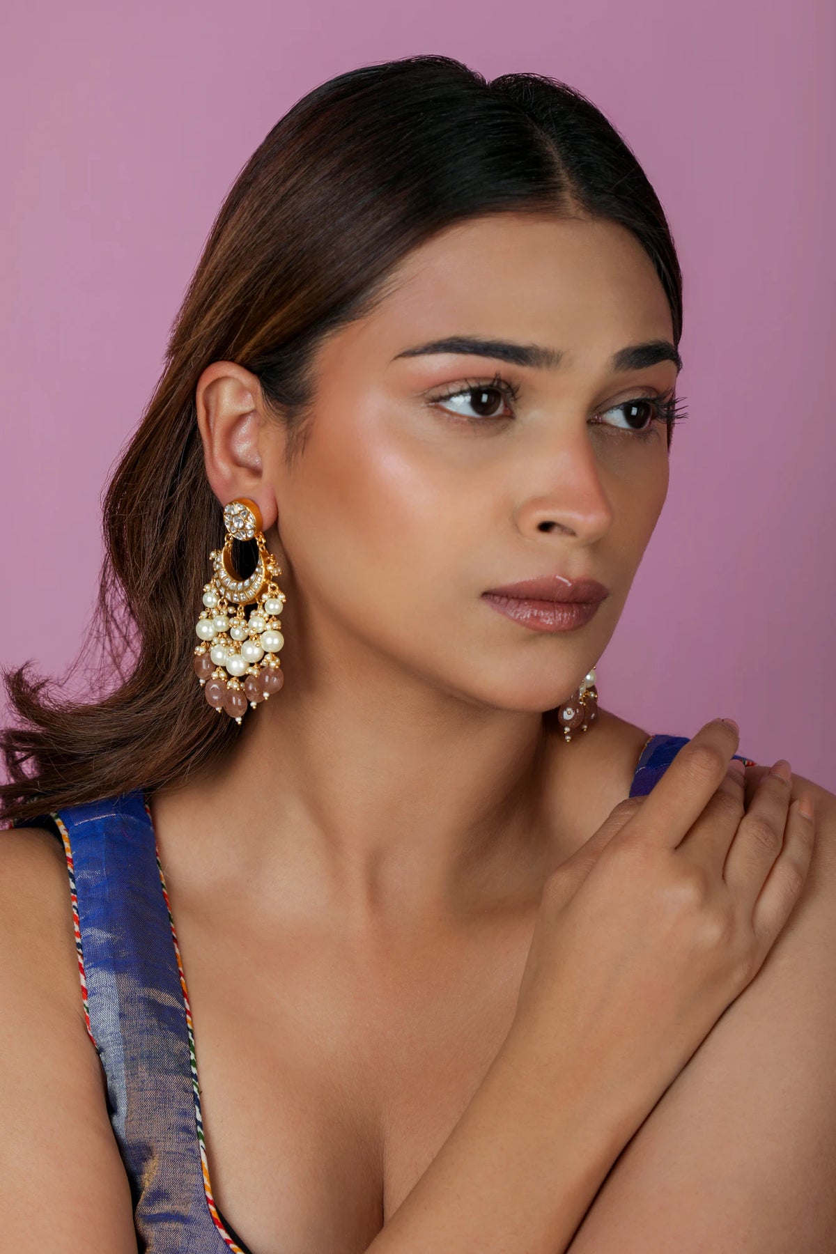 Pastel pink Beaded jadau chandbaali