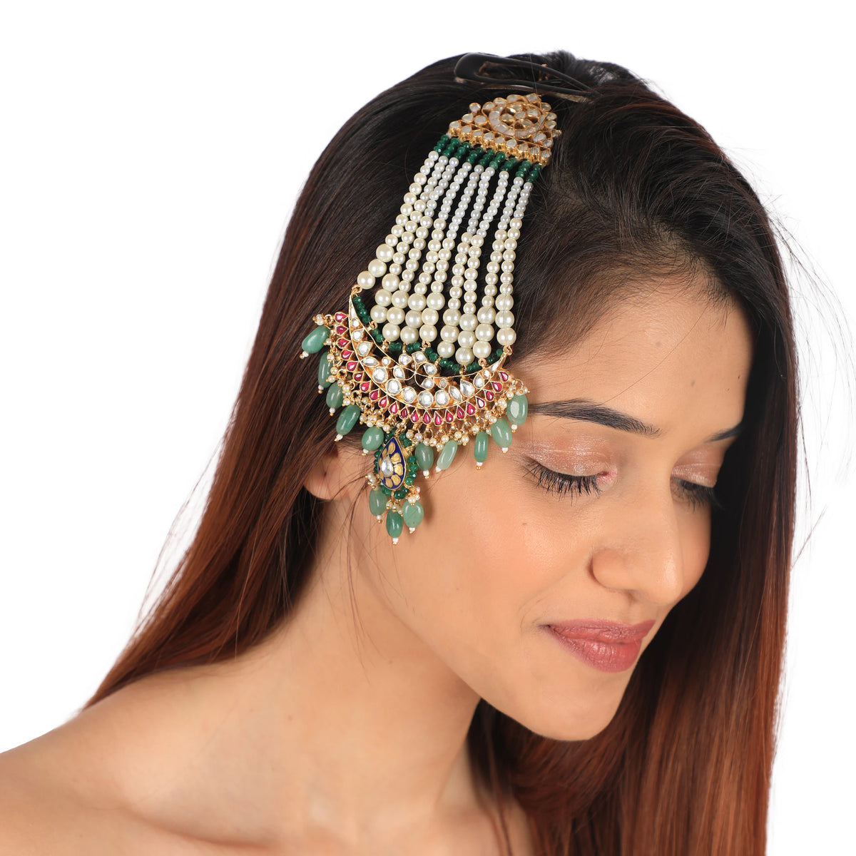 Sea Green & Pink Gold Tone Jadtar Passa With Pearls And A Little Touch Of Blue Mina