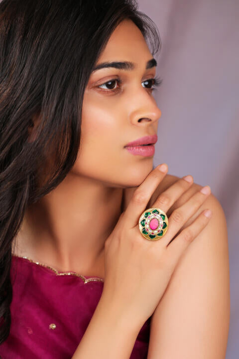Green and pink Jadau Kundan ring