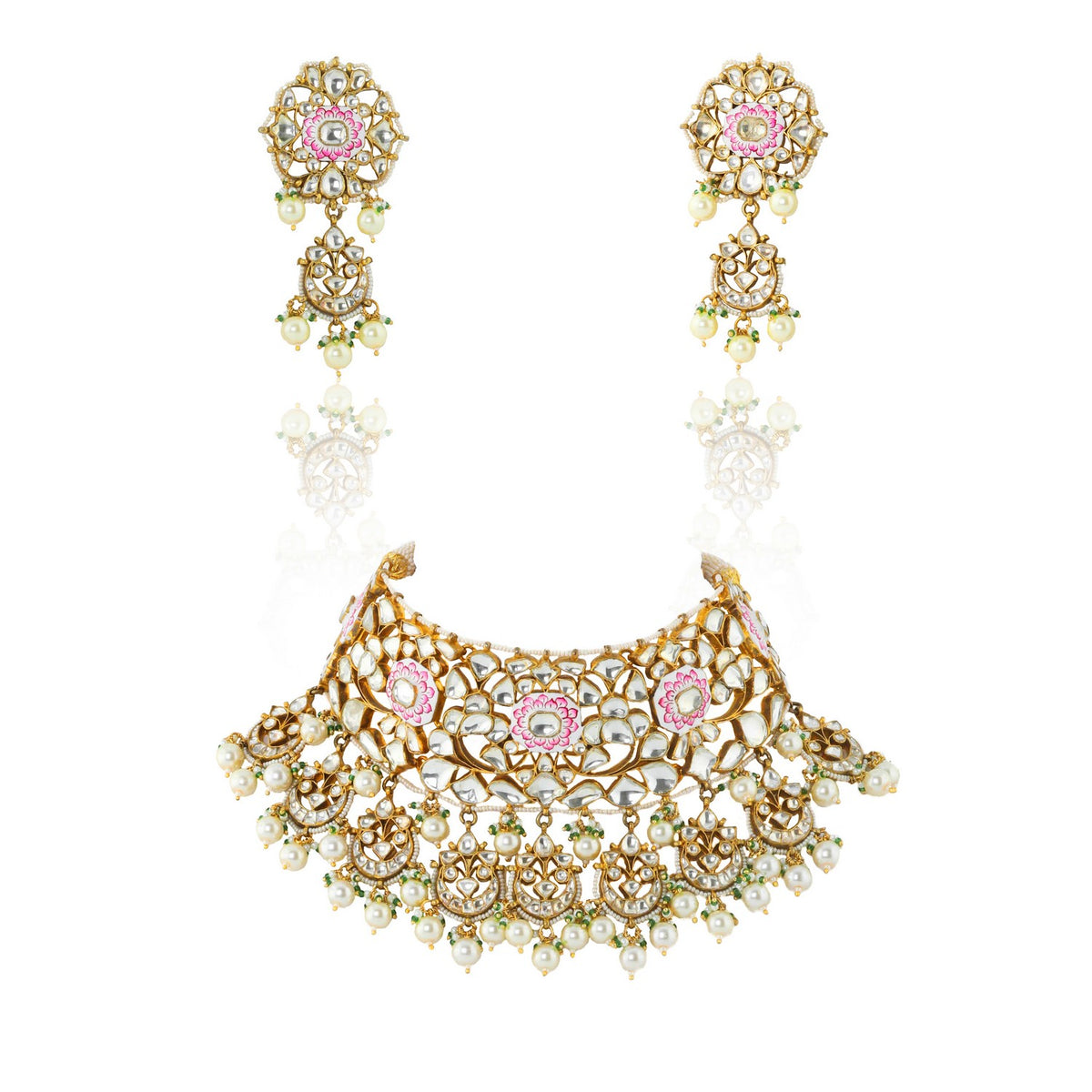 Meenakari worked full neck covering Necklace set with long earrings