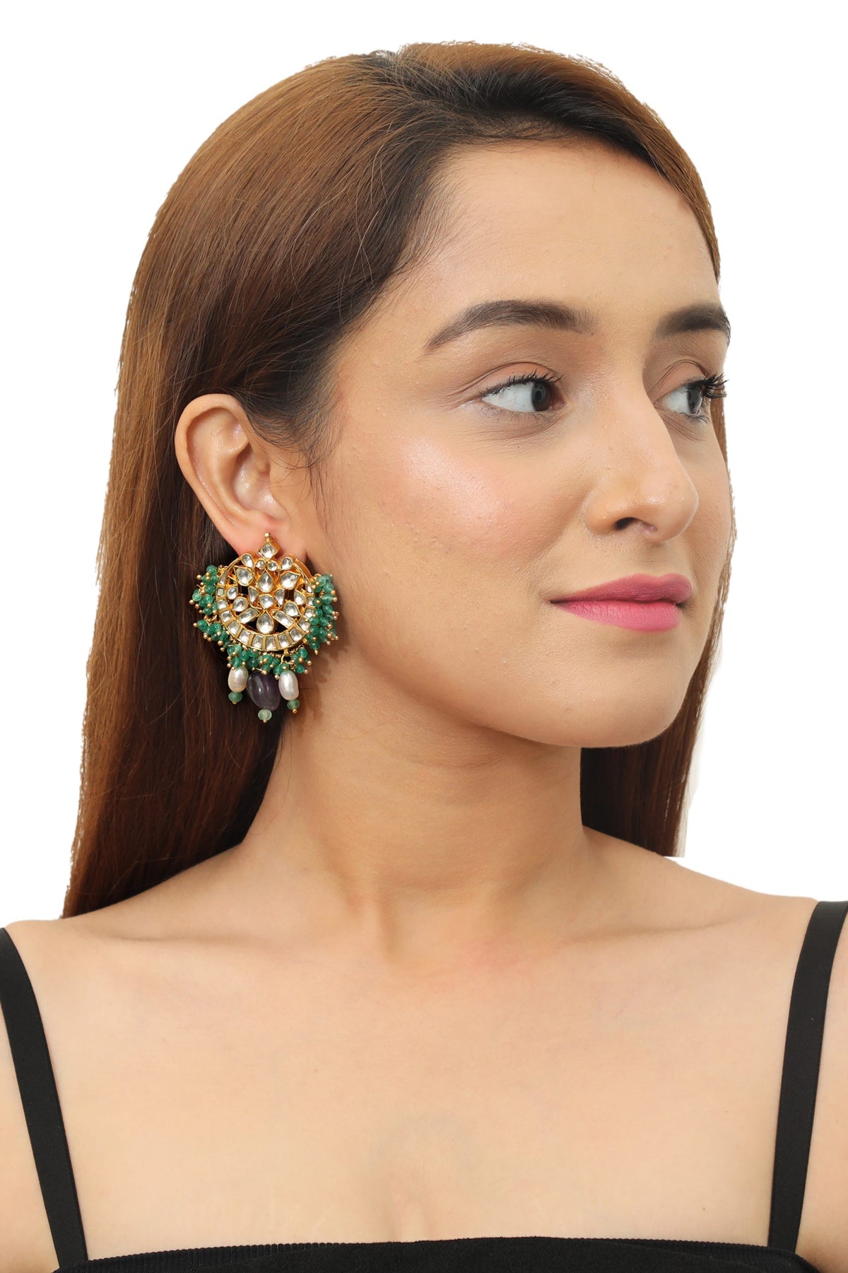 SEA GREEN BEAD EARRING WHITE JADTAR STONE AND PURPLE BEAD