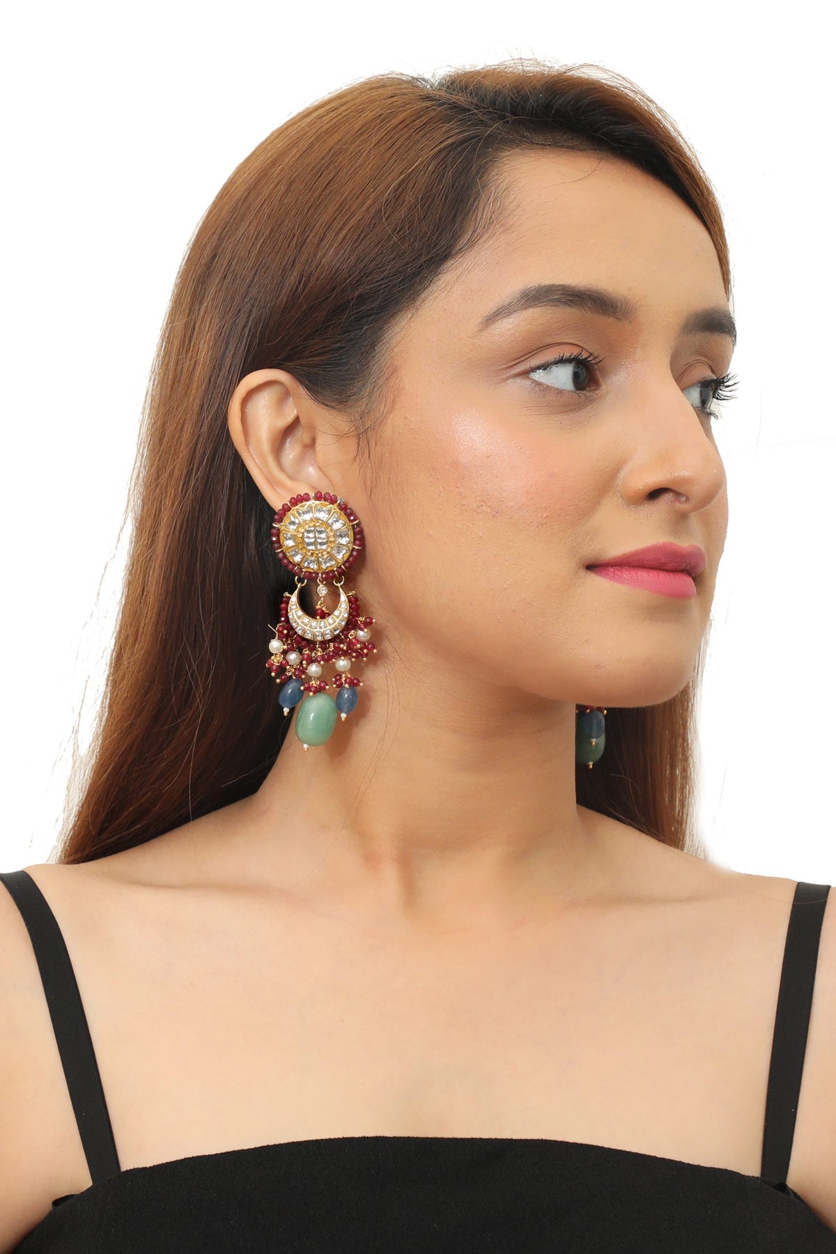 RED AND BLUE BEADS WHITE JADTAR STONE EARRING AND SEA GREEN BEADS