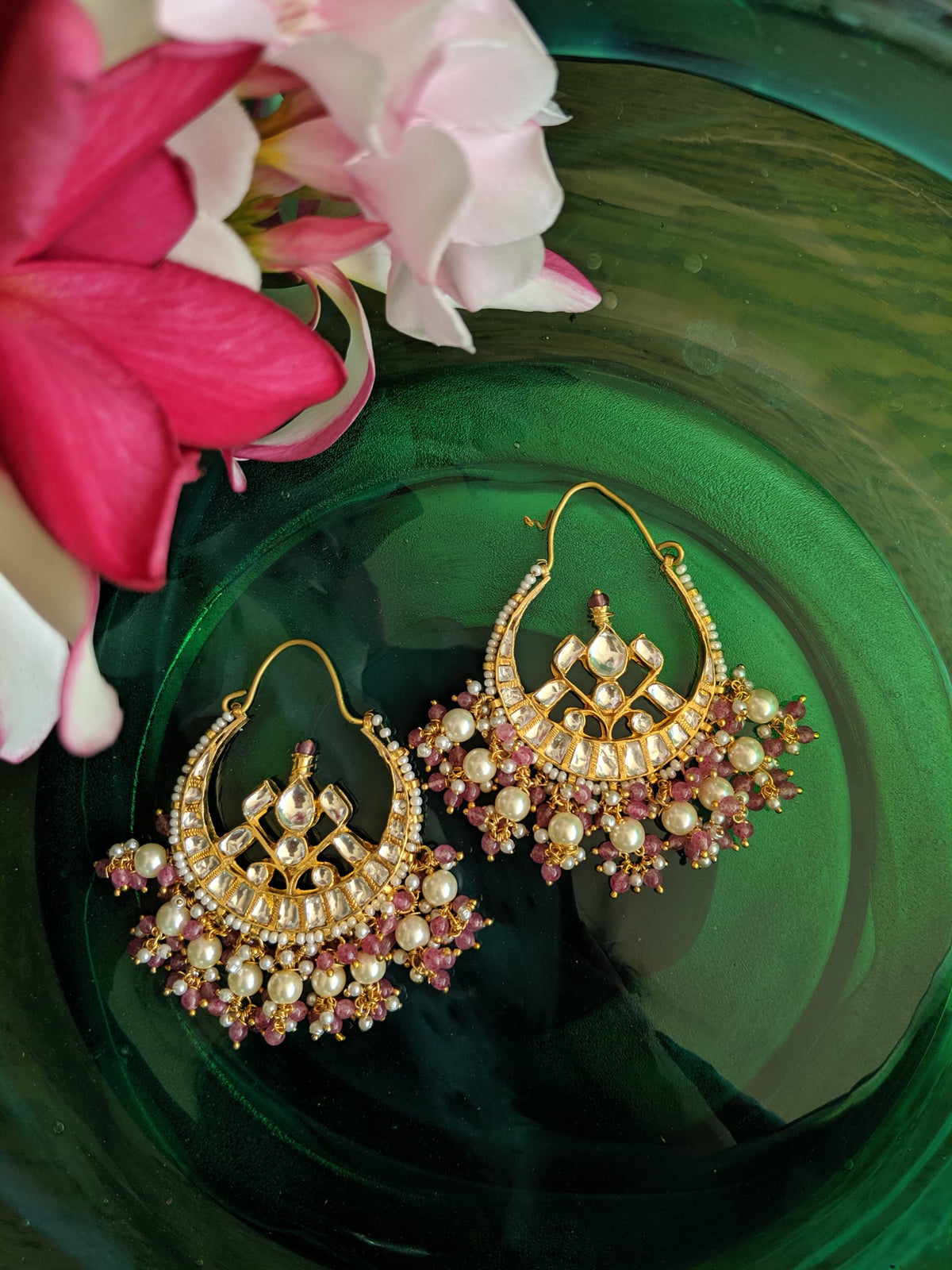 pastel pink COLORED PEARL STUDDED BALI EARRINGS