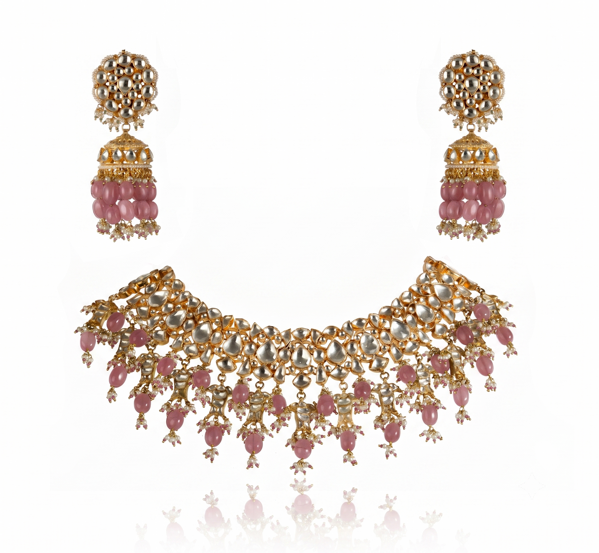 Sea Green White Jadtar Stone Fish Necklace Set With Jhumki