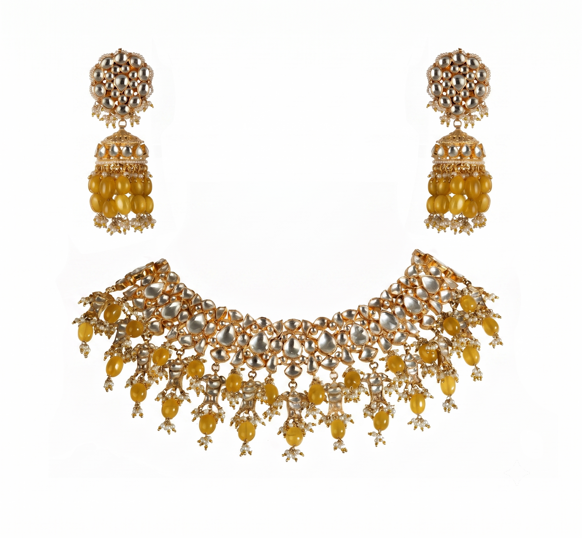 Sea Green White Jadtar Stone Fish Necklace Set With Jhumki