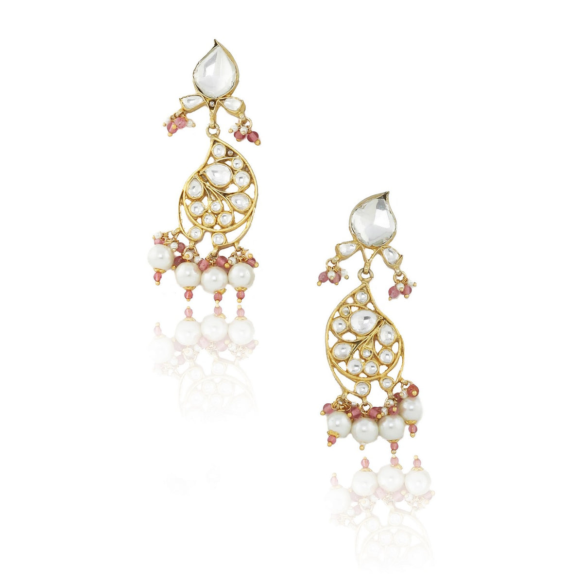 WHITE SMALL STONE OVAL MOTIVES NECKLACE SET WITH PEARL AND LIGHT PINK  HANGINGS