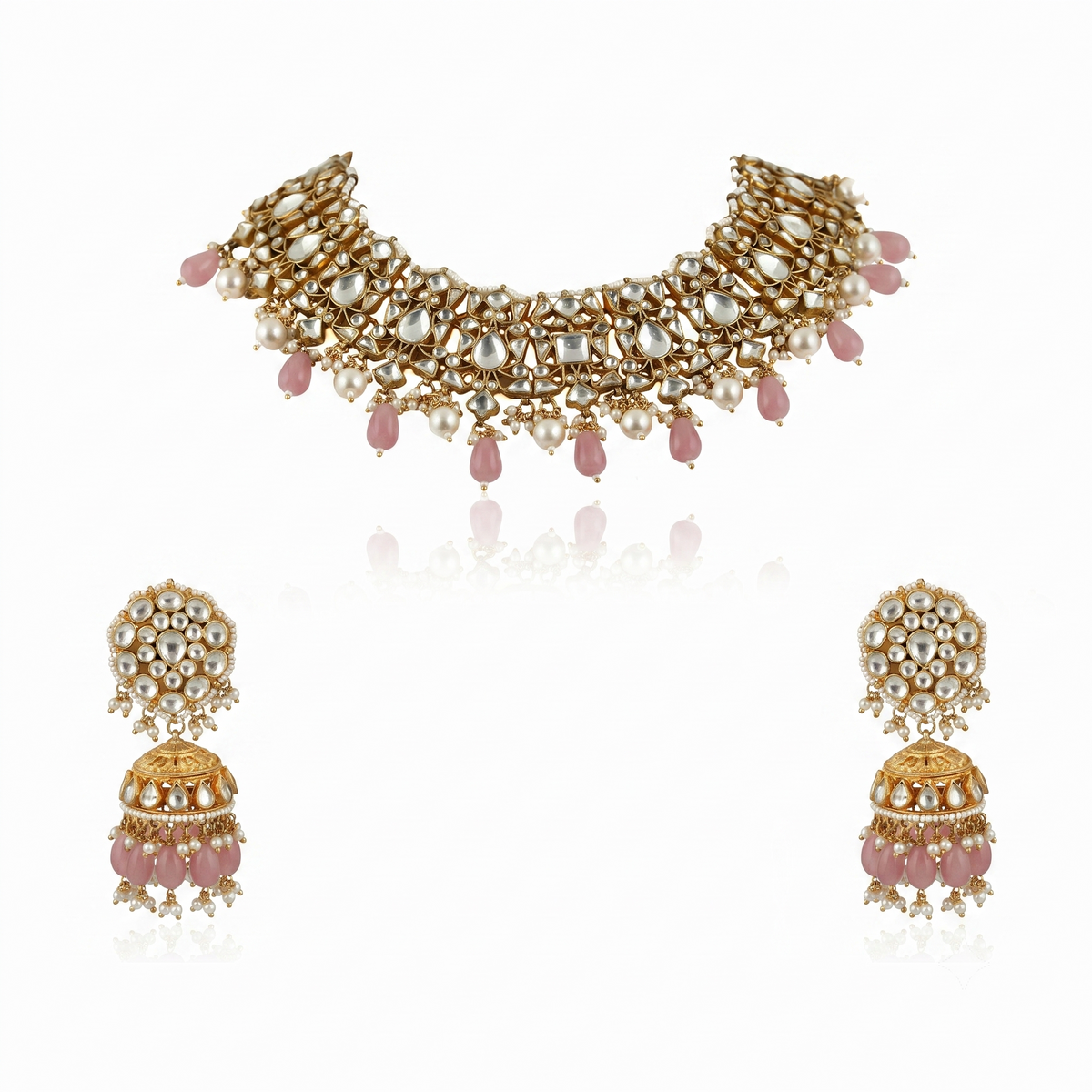 Choker Necklace Set With Pearl And Emerald  Beads, Studded With White Jadtar Stones