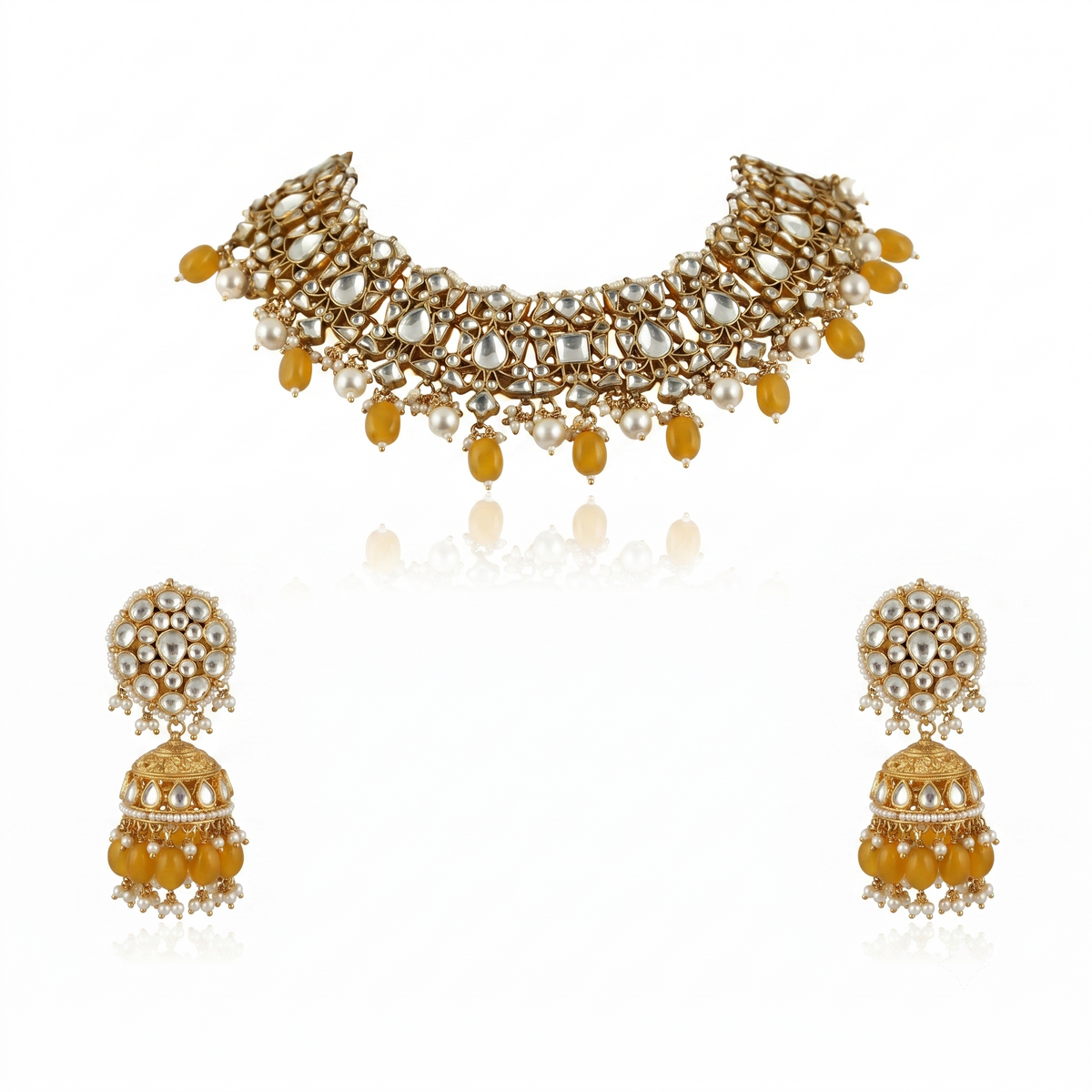 Choker Necklace Set With Pearl And Emerald  Beads, Studded With White Jadtar Stones