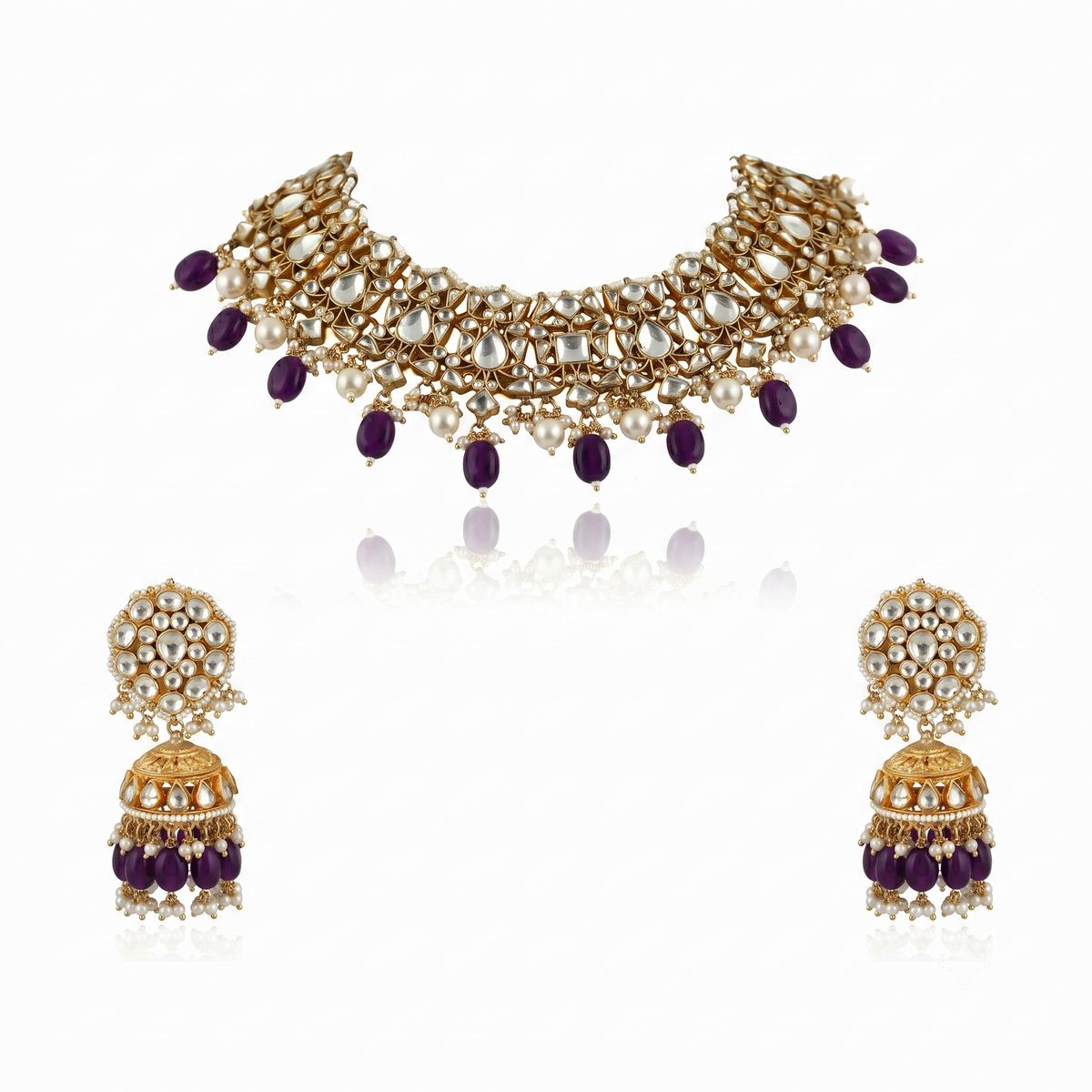Choker Necklace Set With Pearl And Emerald  Beads, Studded With White Jadtar Stones