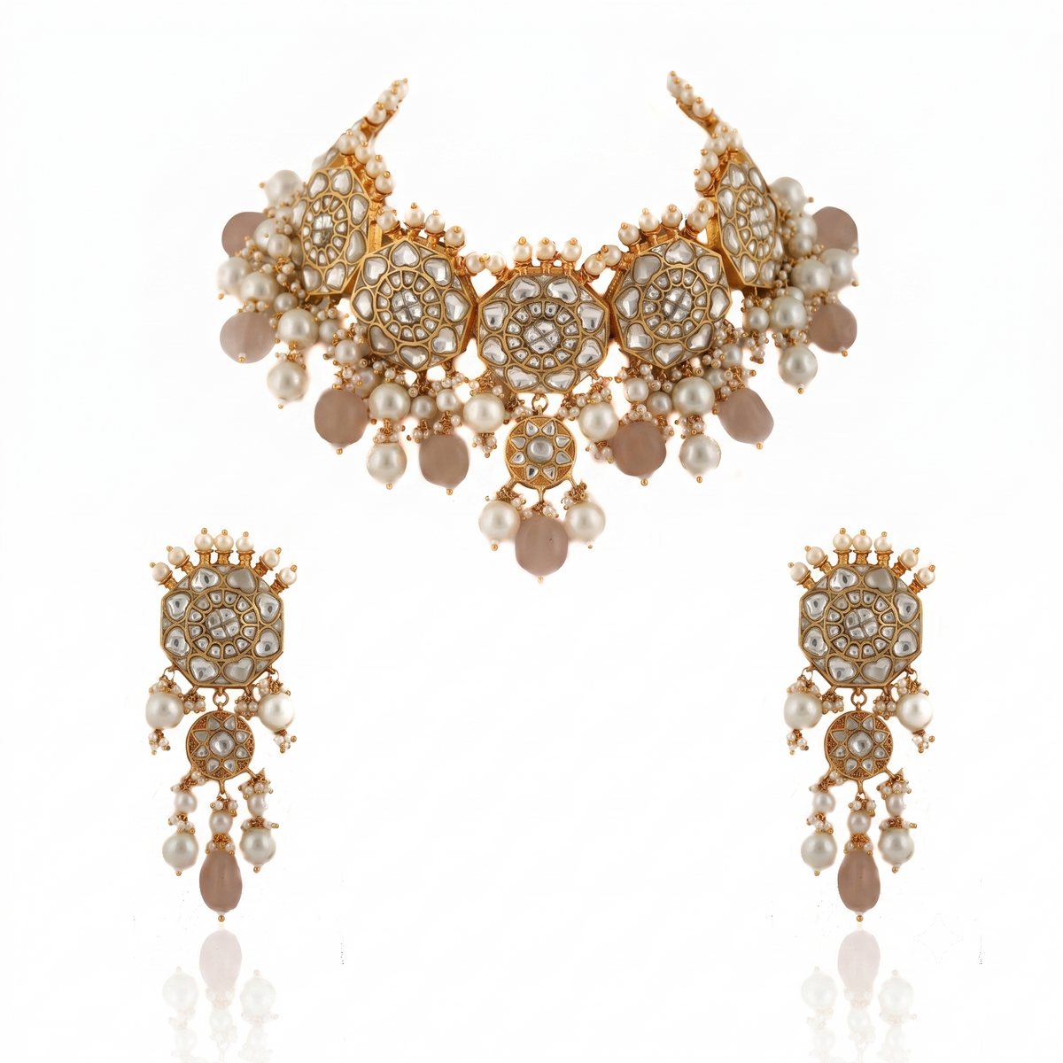 White Jadtar Stone Necklace Set Light Pink Beads With Pearl